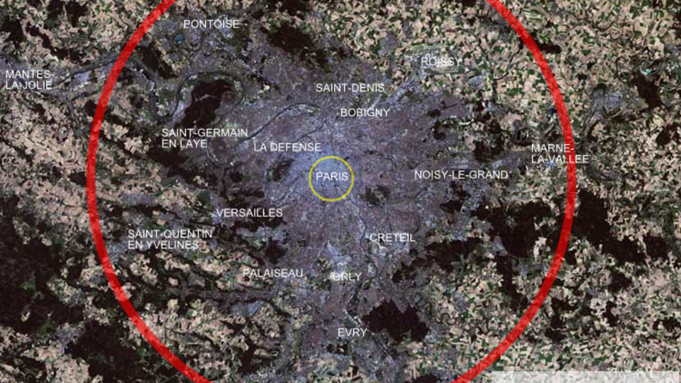  Hier wird die Wirkung der Bombe auf Paris dargestellt. Der rote Kreis markiert den Bereich einer totalen Zerstörung.